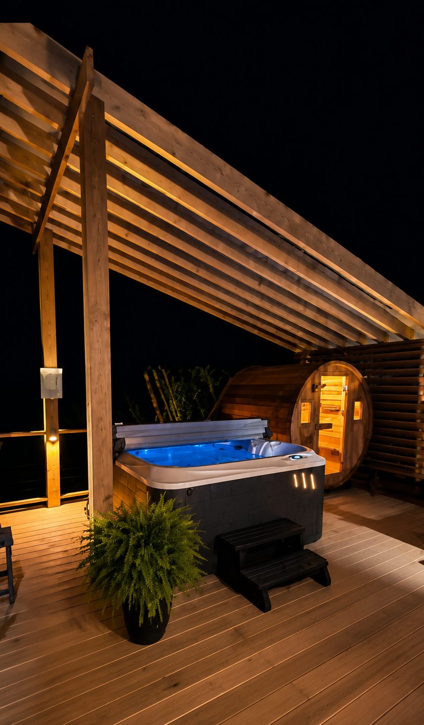 Hot tub lit blue at night under a cedar pergola beside a barrel sauna, Banner Elk NC